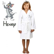 Grey Cat Cartoon Design & Custom Name Embroidery on Kids Hooded Bathrobe